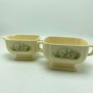 Vintage Homer Laughlin Cottage Scene Yellow Cream and Sugar Bowl